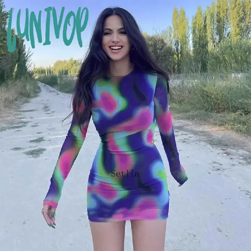 Lunivop Tie Dye O Neck Long Sleeve Backless Mini Bodycon Dress Women Autumn Winter Sexy Print Short Dresses Casual Party Club Sexy Dress