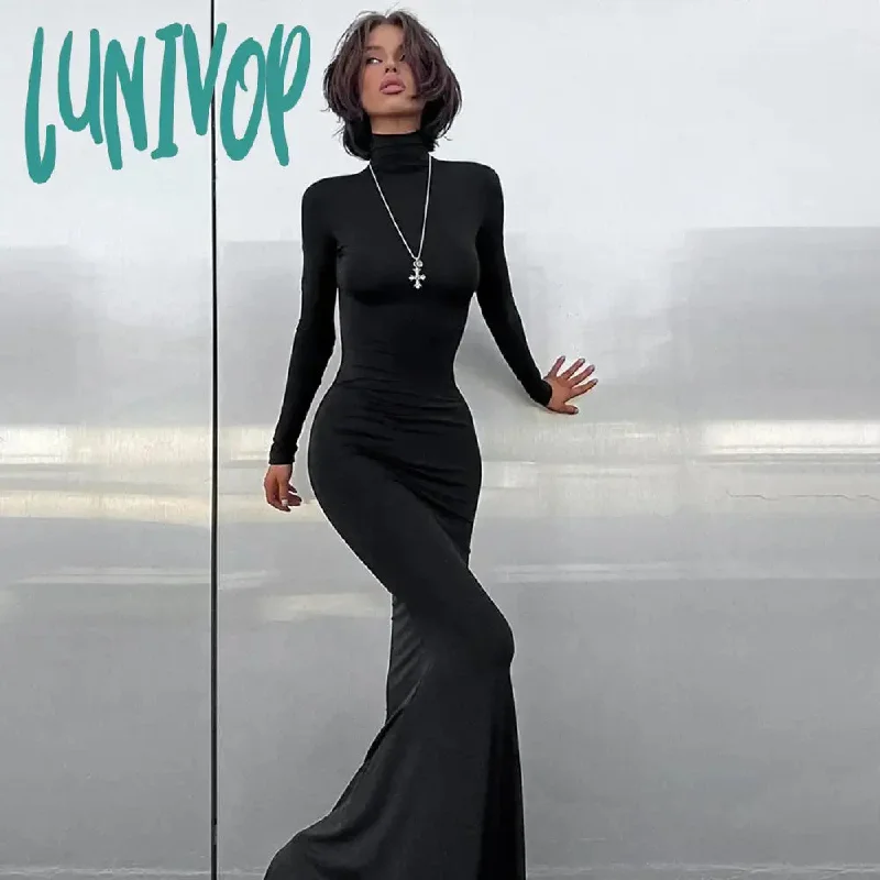 Lunivop Turtleneck Long Sleeve Bodycon Maxi Dress Women Autumn Winter Sexy Skinny Long Dresses Party Club Outfits Sexy Dress