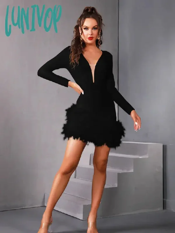 Lunivop Winter Luxury Sexy Long Sleeve Mesh White Black Feather Mini Bodycon Bandage Dress Elegant Evening Club Party Dress