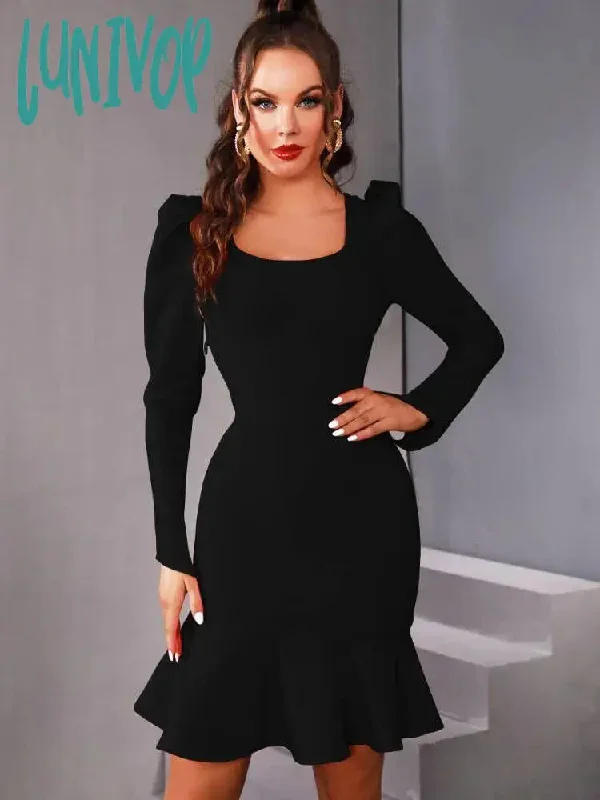 Lunivop Winter Sexy Long Sleeve Square Collar Black Red Mini Women Bodycon Bandage Dress Elegant Evening Club Party Dress