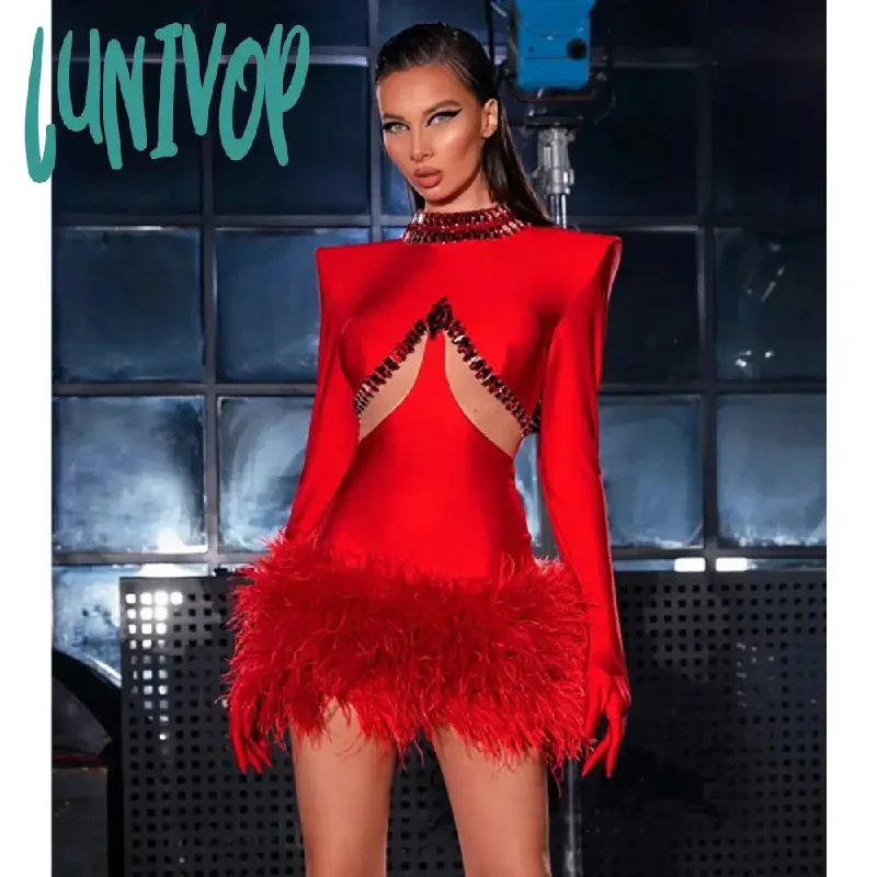 Lunivop Women Celebrity Sexy Long Sleeve Feather Beading Cut Out Red Mini Bodycon Bandage Dress Elegant Evening Club Party Dress