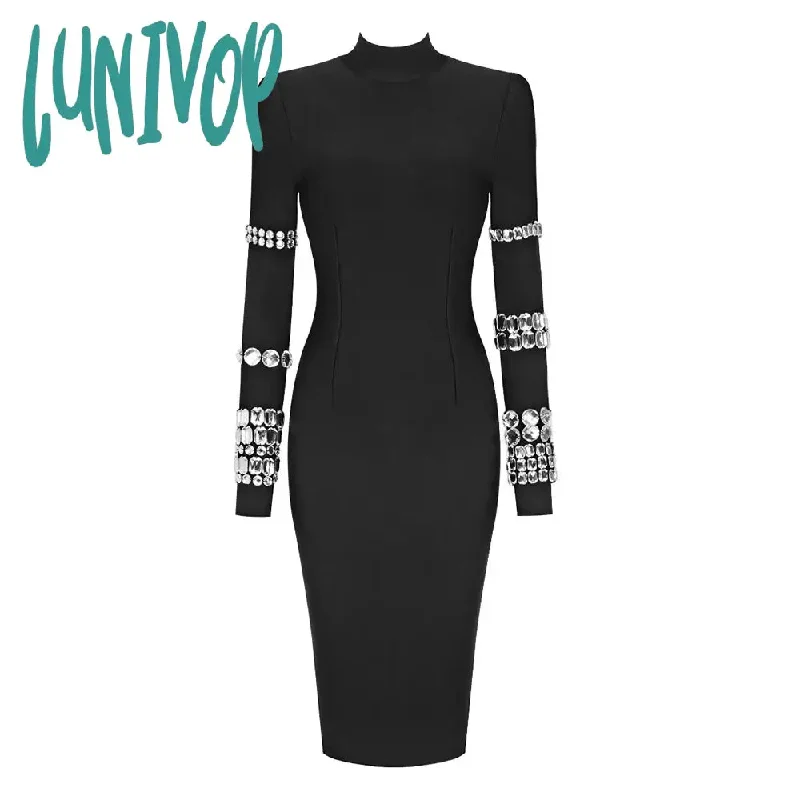 Lunivop Women Sexy Long Sleeve Turtlneck Beading Black Midi Bodycon Bandage Dress 2024 Elegant Evening Club Party Dress