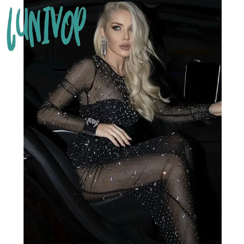 Lunivop Women Summer Fashion Sexy Long Sleeve Tranparent Black Sparkly Mesh Maxi Long Dress Elegant Evening Club Party Dress