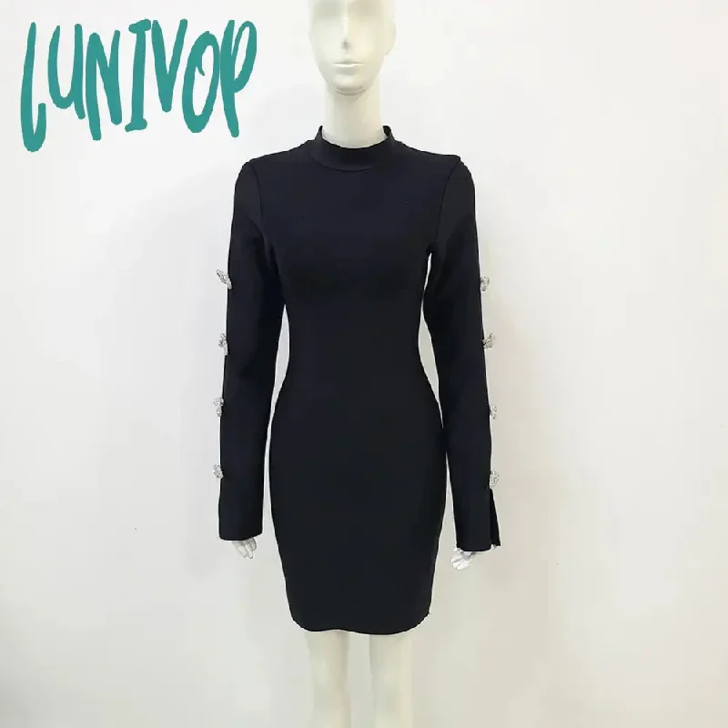 Lunivop Women Summer Sexy Long Sleeve Cut Out Diamonds Black Mini Bodycon Bandage Dress Elegant Evening Club Party Dress