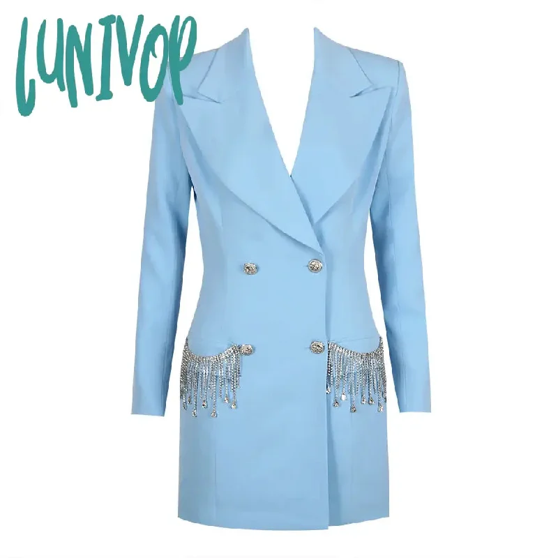 Lunivop Women Winter Fashion Sexy Long Sleeve Crystal Diamonds Tassel Blue Blazer Mini Dress Elegant Evening Club Party Dress