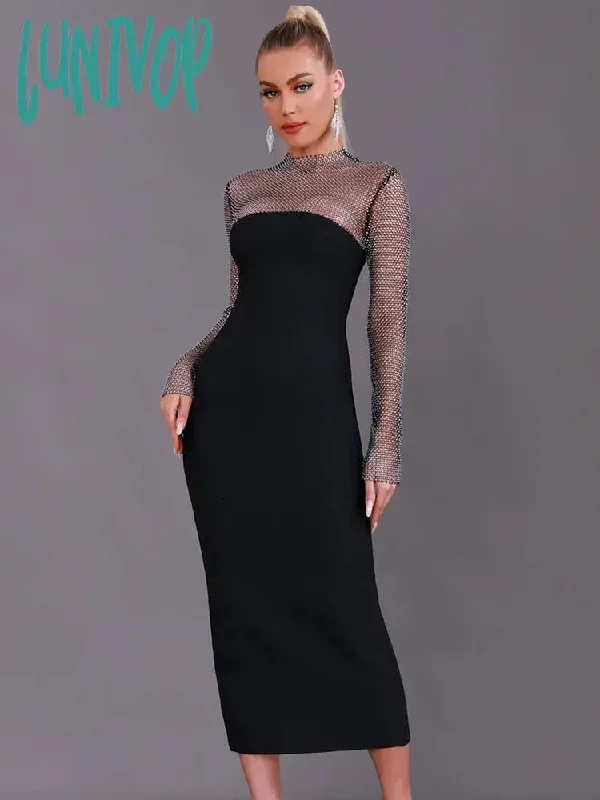 Lunivop Women Winter Sexy Long Sleeve Diamonds Sparkly Black Midi Bodycon Bandage Dress  Elegant Evening Celebrity Party Club Dress