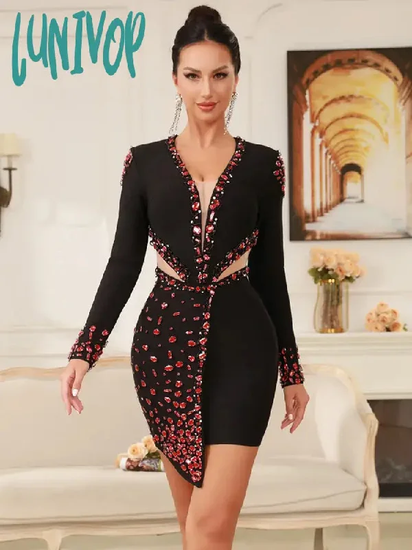 Lunivop Women Winter Sexy Long Sleeve V Neck Beading Black Mini Bandage Dress 2024 Knitted Elegant Evening Club Party Dress