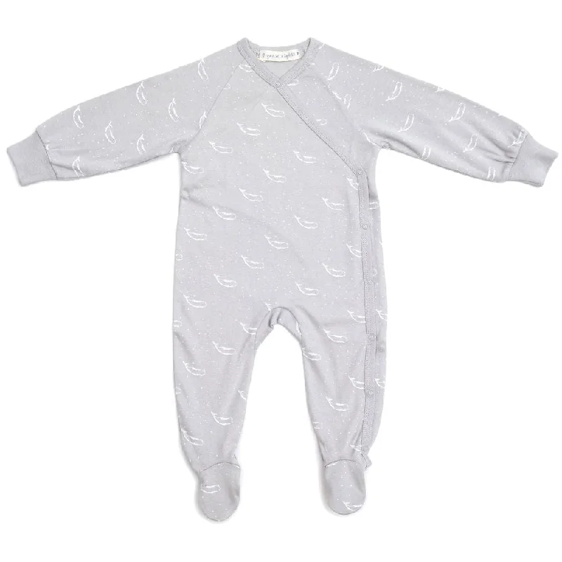 100% Organic Cotton Crossover Baby Sleepsuit with Feet - Grey Tiny Whales