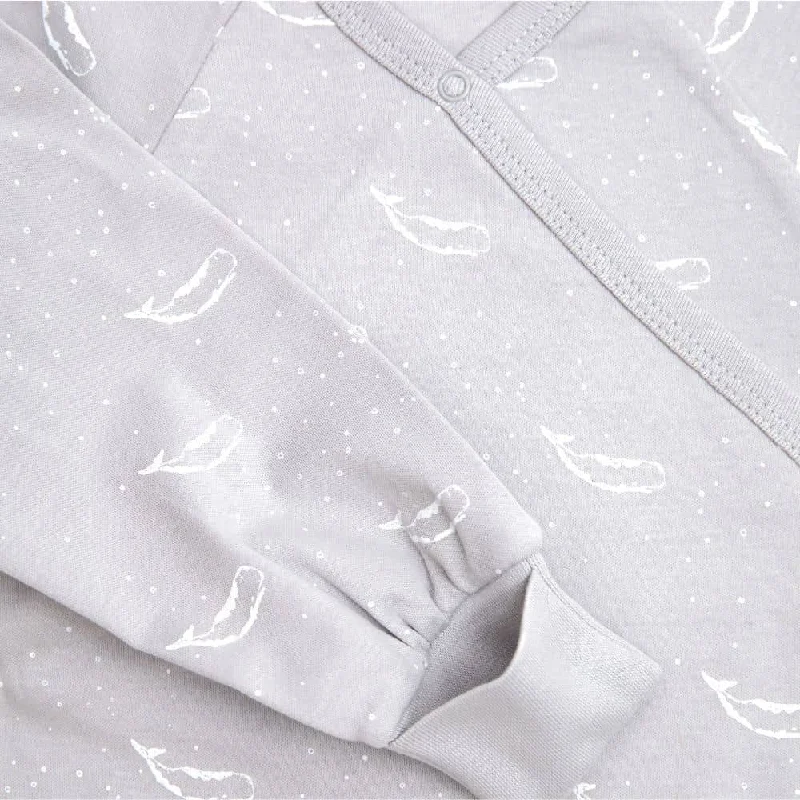 100% Organic Cotton Crossover Baby Sleepsuit with Feet - Grey Tiny Whales