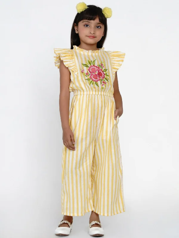 Girls Yellow & White Striped Basic Jumpsuit