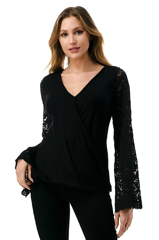 Black Surplice Top With Lace Sleeves