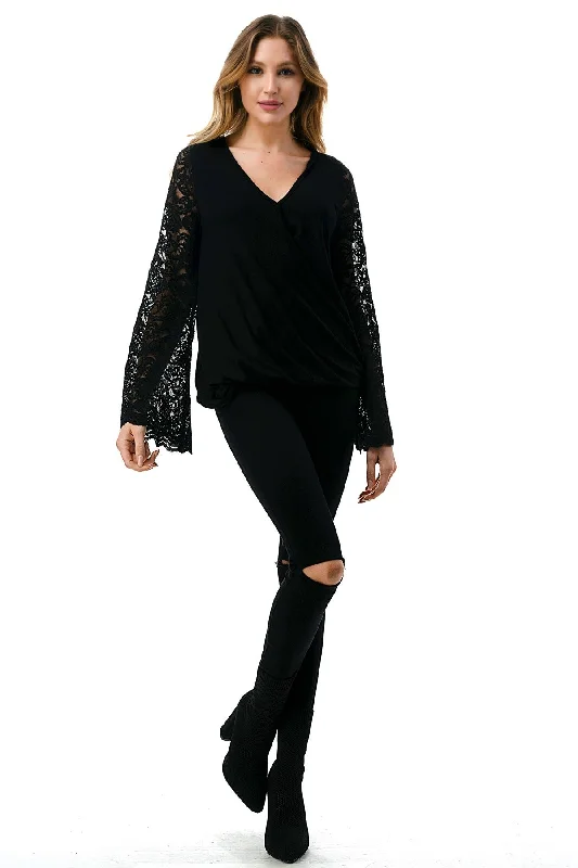 Black Surplice Top With Lace Sleeves