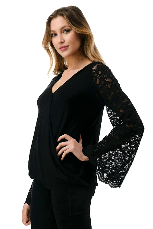 Black Surplice Top With Lace Sleeves