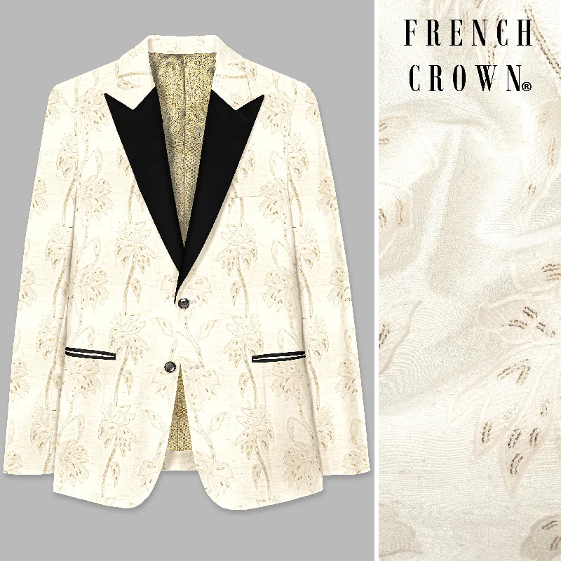 Bright White Designer Sequin And Thread Embroidered Peak Collar Tuxedo Blazer