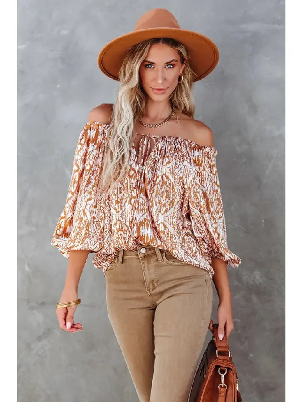 Brown Printed Drawstring Neckline Three Quarter Sleeve Blouse