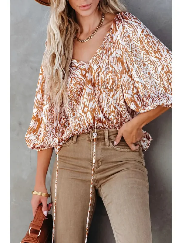 Brown Printed Drawstring Neckline Three Quarter Sleeve Blouse