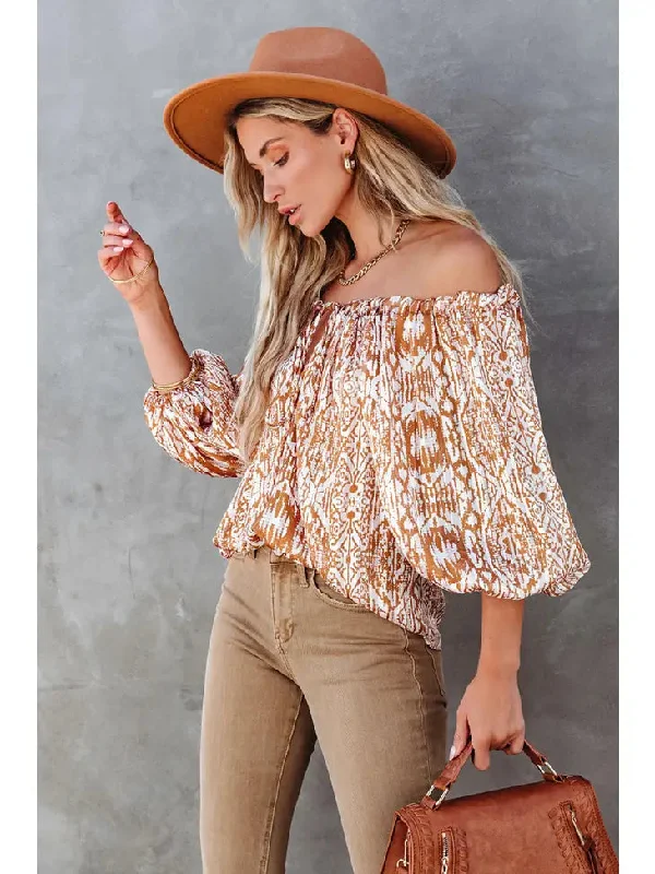 Brown Printed Drawstring Neckline Three Quarter Sleeve Blouse