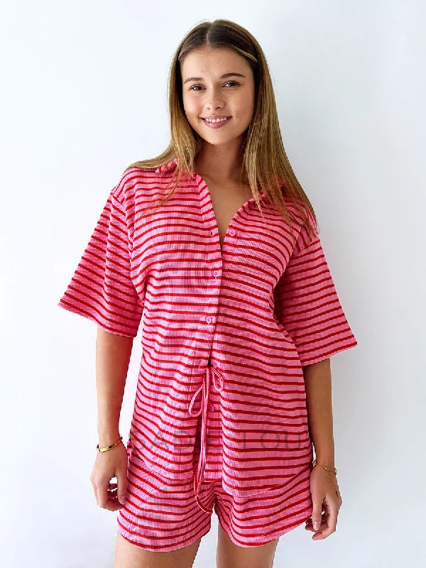 By Frankie / Franki Waffle Short Set - Pink/Red Stripe