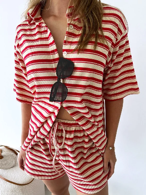 By Frankie / Franki Waffle Short Set - Red/Beige Stripe