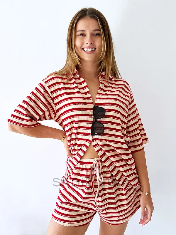 By Frankie / Franki Waffle Short Set - Red/Beige Stripe