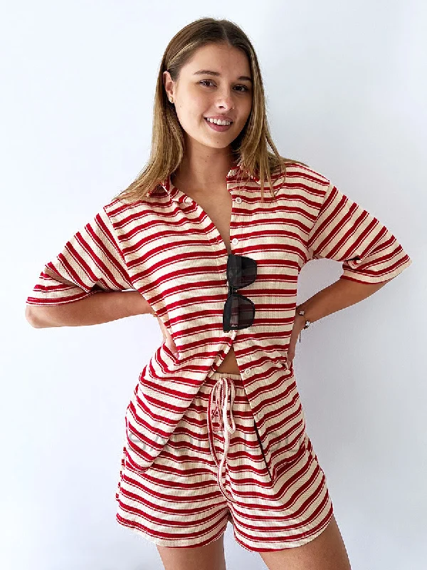 By Frankie / Franki Waffle Short Set - Red/Beige Stripe