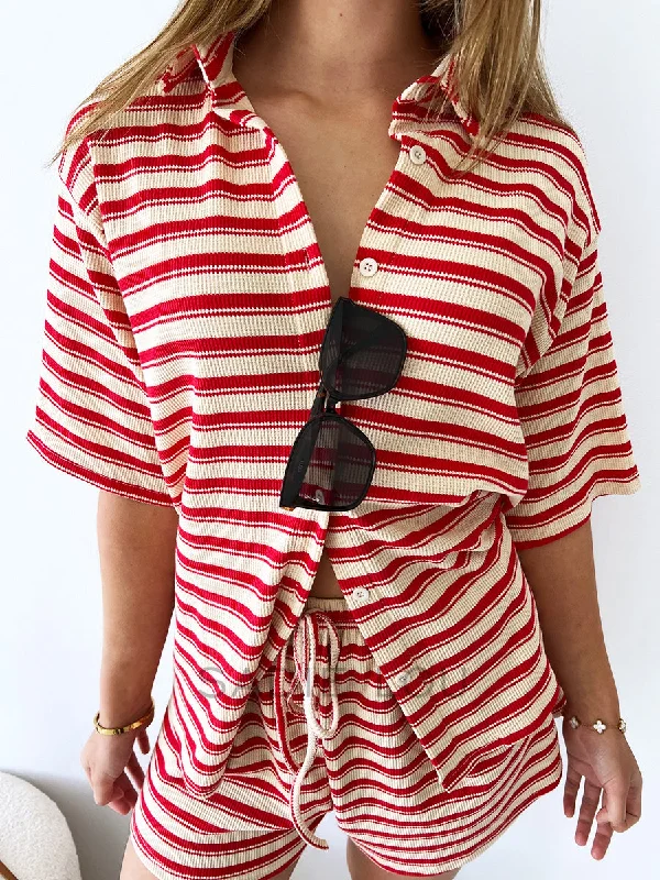 By Frankie / Franki Waffle Short Set - Red/Beige Stripe