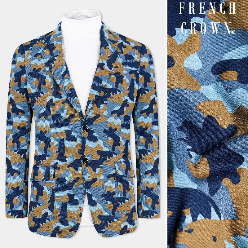 Carolina Blue with Prussian Blue and Mocha Brown Printed Premium Cotton Blazer