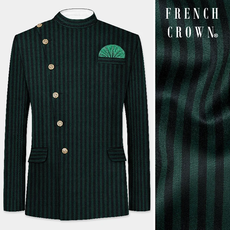 Celtic Green with Black Striped Wool Rich Cross Placket Bandhgala Blazer