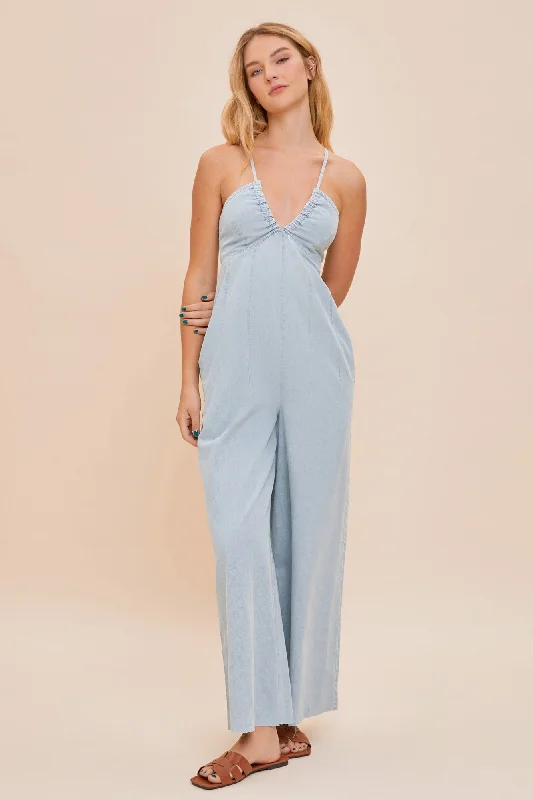 Charlie Deep V Romper in Light Denim