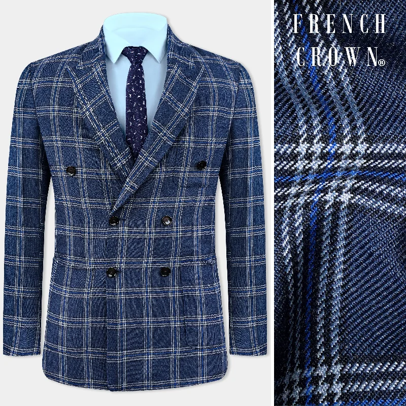 Cloud Blue and White Plaid Tweed Double Breasted Blazer