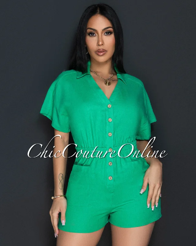 Cora Kelly Green Front Buttons Linen Utility Romper