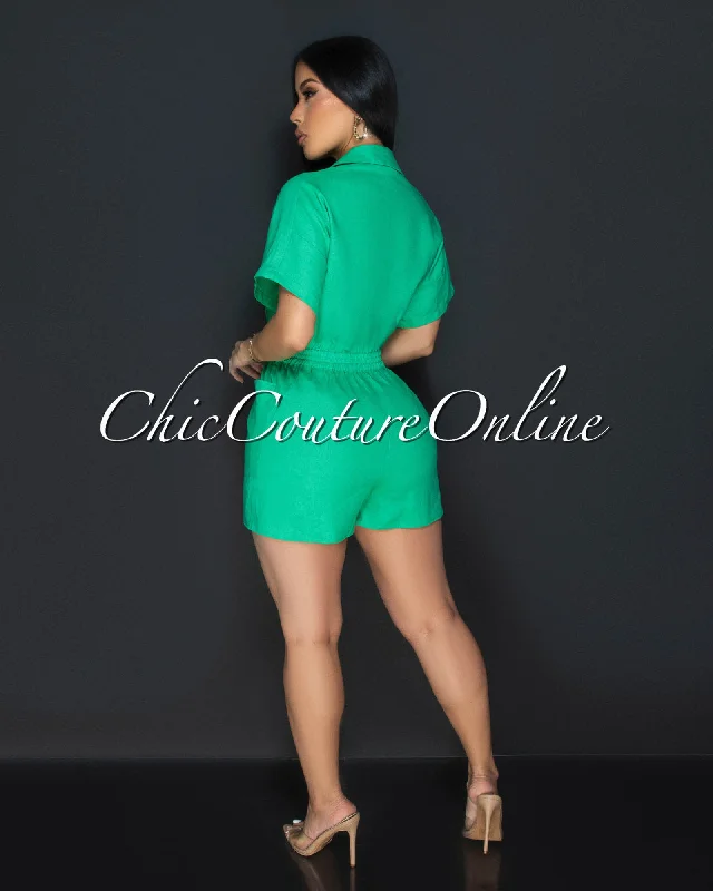 Cora Kelly Green Front Buttons Linen Utility Romper