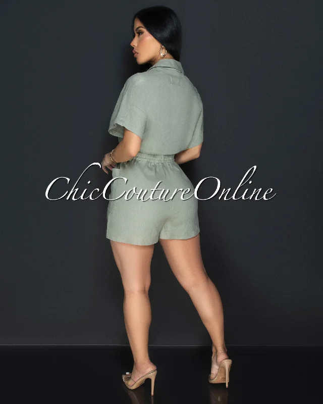 Cora Sage Green Front Buttons Linen Utility Romper