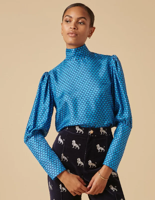 Dione Blue Mermaid Print Silk Twill Top