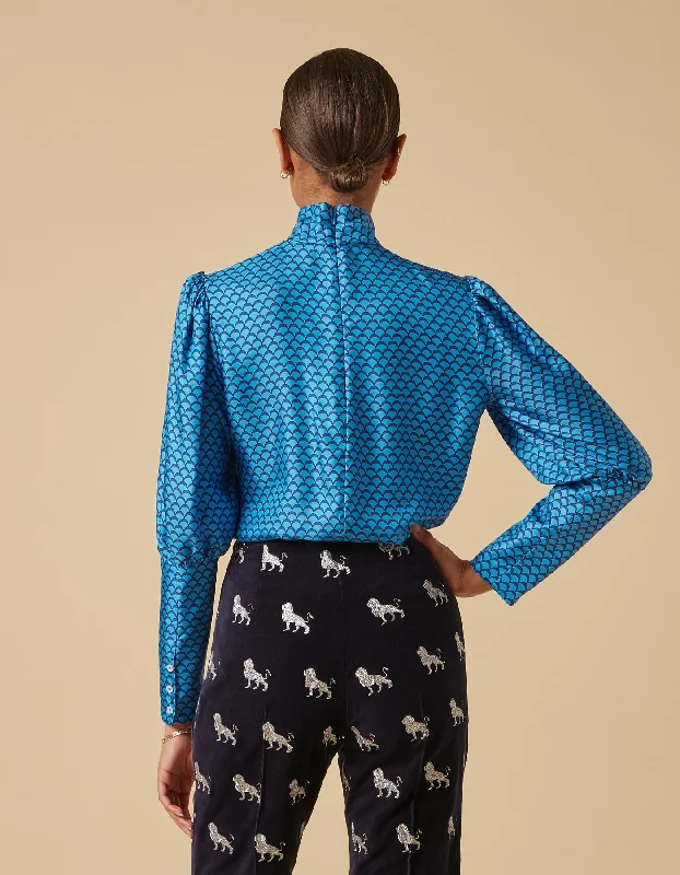 Dione Blue Mermaid Print Silk Twill Top