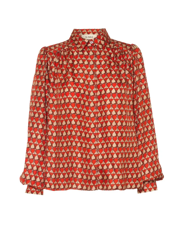 Eliza Red Beige One Love Print Silk Twill Shirt