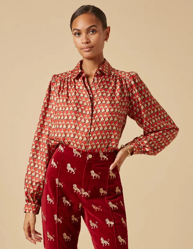 Eliza Red Beige One Love Print Silk Twill Shirt