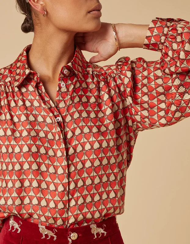 Eliza Red Beige One Love Print Silk Twill Shirt