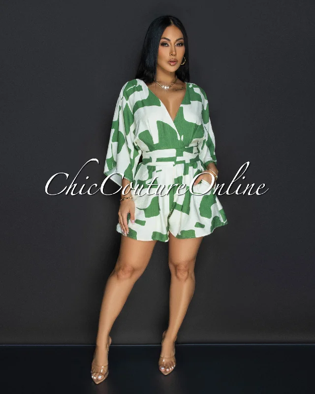 Emba Green Beige Print Romper