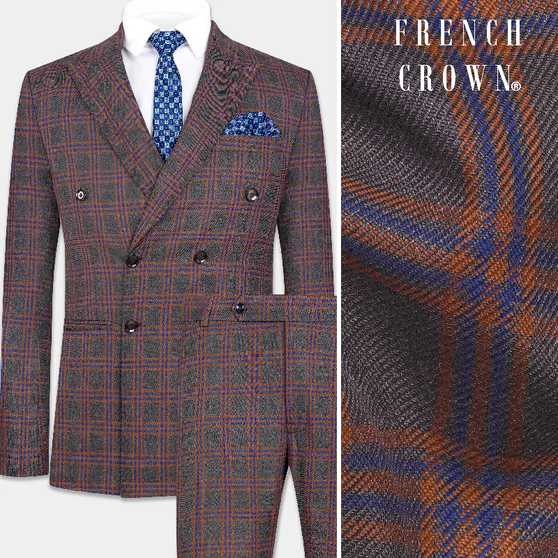 Emperor Gray and Russet Brown Plaid Tweed Double Breasted Suit