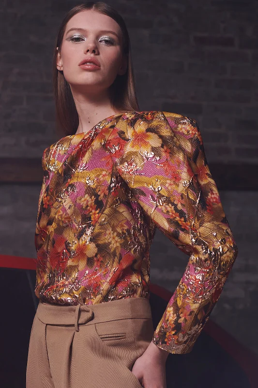 Asymmetric Evening Blouse in Floral Lamé