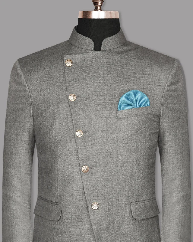 Fog Grey textured Cross Placket Bandhgala/Mandarin Wool-Silk blend Blazer