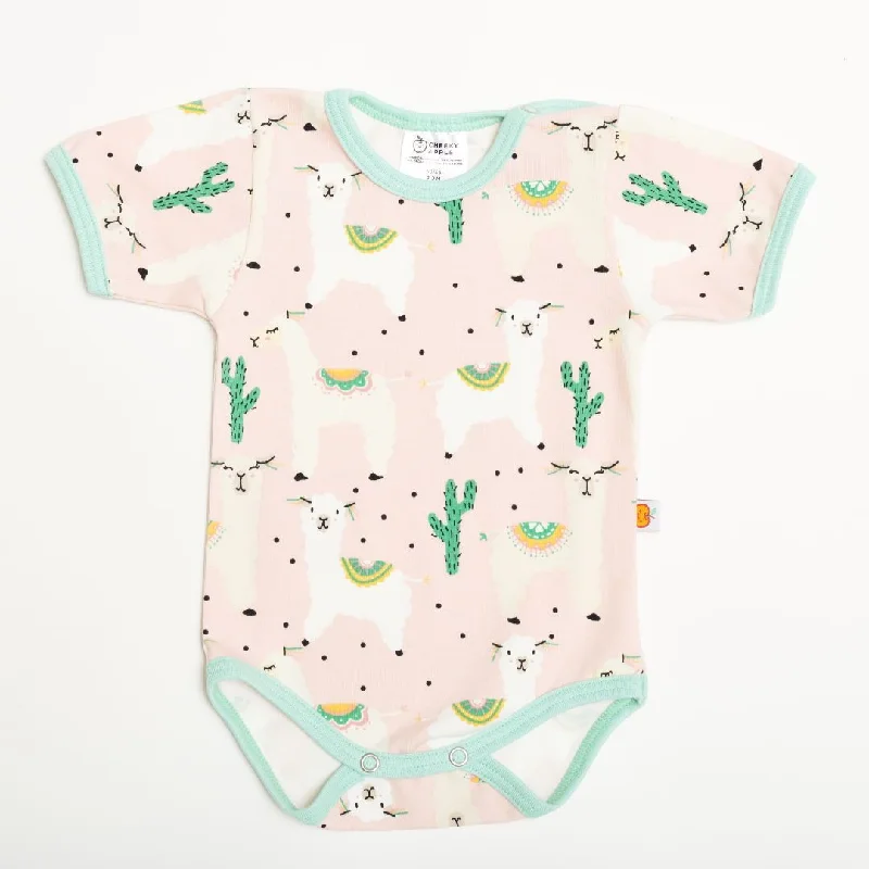 Short-sleeve baby body ""Alpakas Pink/Spearmint""