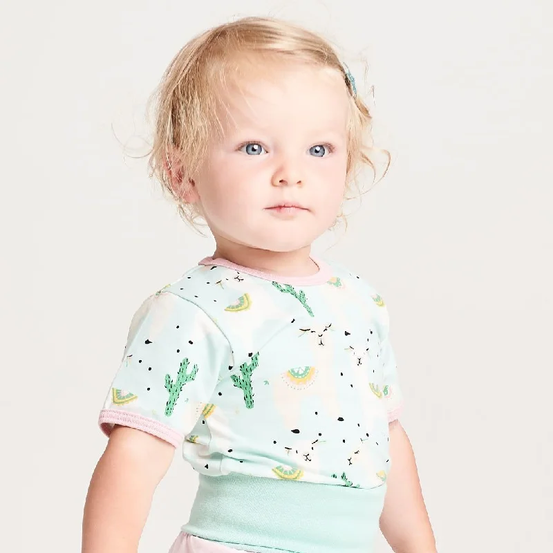 Short-sleeve baby body ""Alpakas Turquoise/Baby Pink""