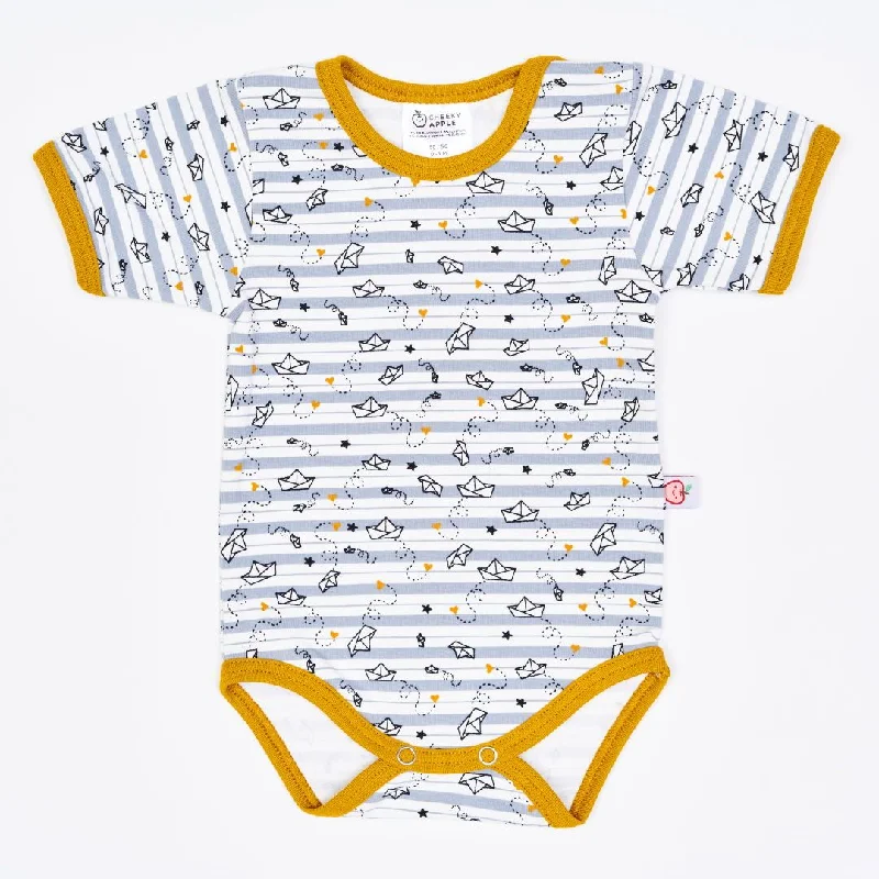 Organic shortsleeve baby body ""My little golden Ship"" made from 95% organic cotton and 5% elastane