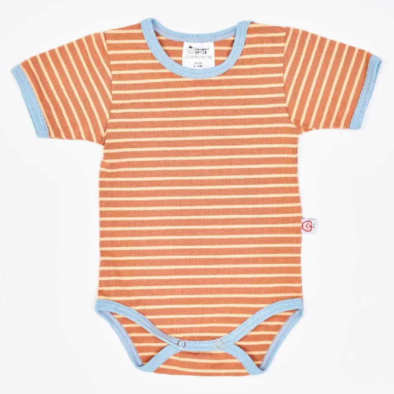 Organic shortsleeve baby body ""Stripes Caramel"" made from 95% organic cotton and 5% elastane