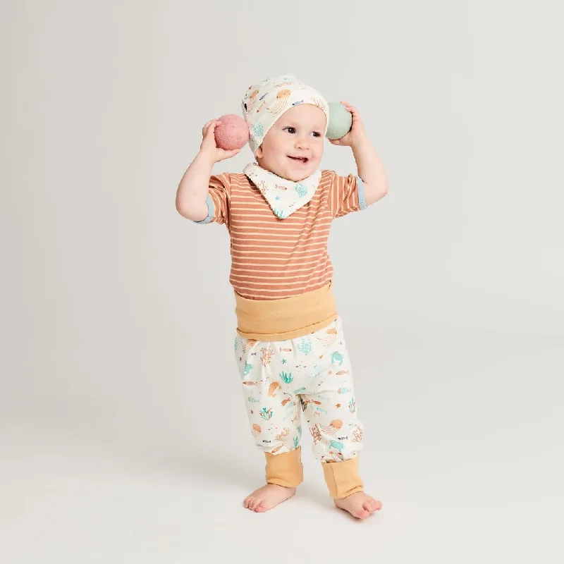 Organic shortsleeve baby body ""Stripes Caramel"" made from 95% organic cotton and 5% elastane