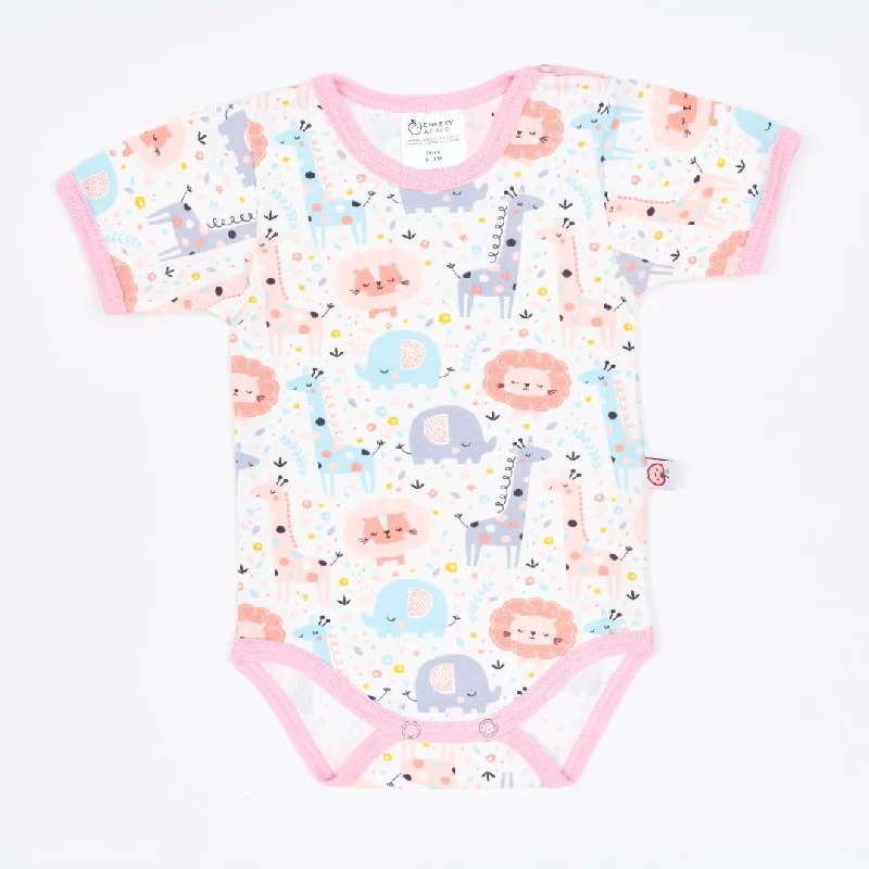 Organic shortsleeve baby body ""Mini Jungle Rose"" made from 95% organic cotton and 5% elastane