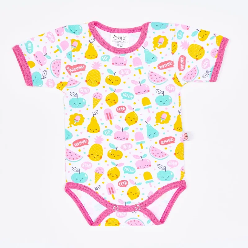 Organic shortsleeve baby body ""Yummy"" made from 95% organic cotton and 5% elastane