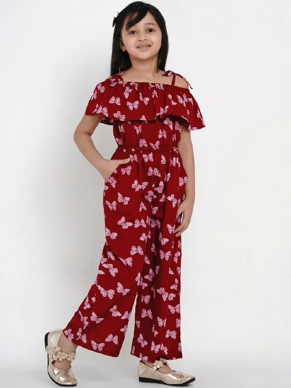 Girls Maroon & White Printed Basic Jumpsuit